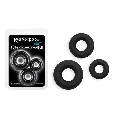 Renegade 3pc Fireman Rings - Black - Black Cock Rings - Set of 3 Sizes - COCK RINGS