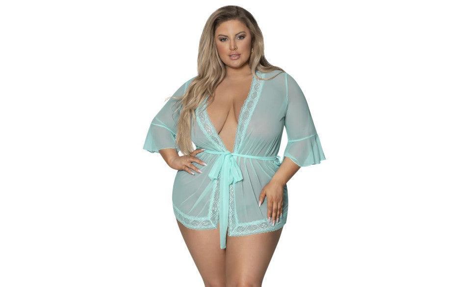 Robe with Lace Trim Turquoise - Lingerie