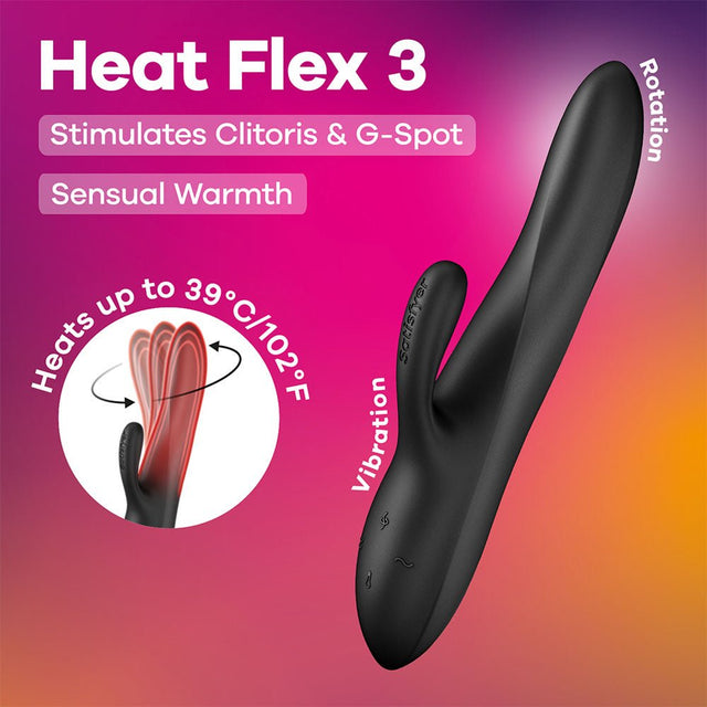 Satisfyer Heat Flex 3 Black Warming Rotating Rabbit Vibrator Rechargeable - VIBRATORS-PREMIUM