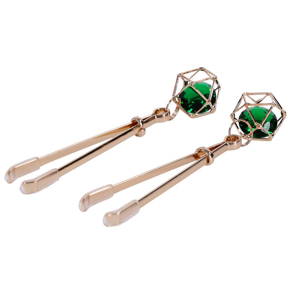 Sex And Mischief Indica Crystal Nipple Clips Gold With Emerald Gems - BONDAGE - TOYS