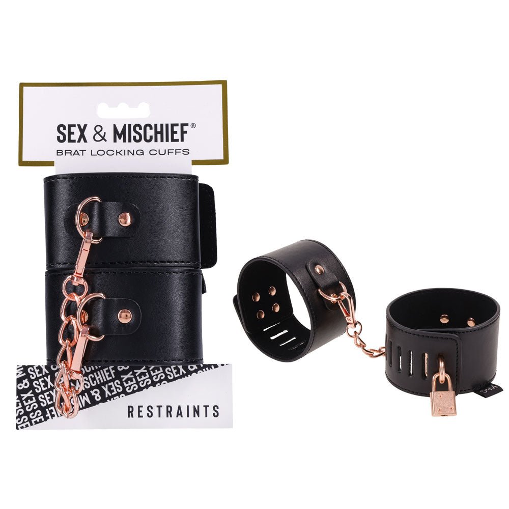 Sex & Mischief Brat Locking Cuffs - Black/Rose Gold Hand Cuffs - BONDAGE - TOYS