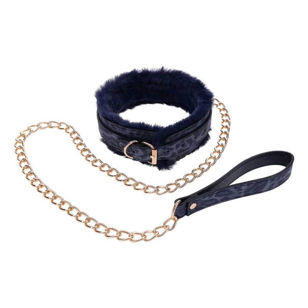 Sex & Mischief Cougar Fur Collar & Leash - Navy Blue/Gold Restraint - BONDAGE - TOYS