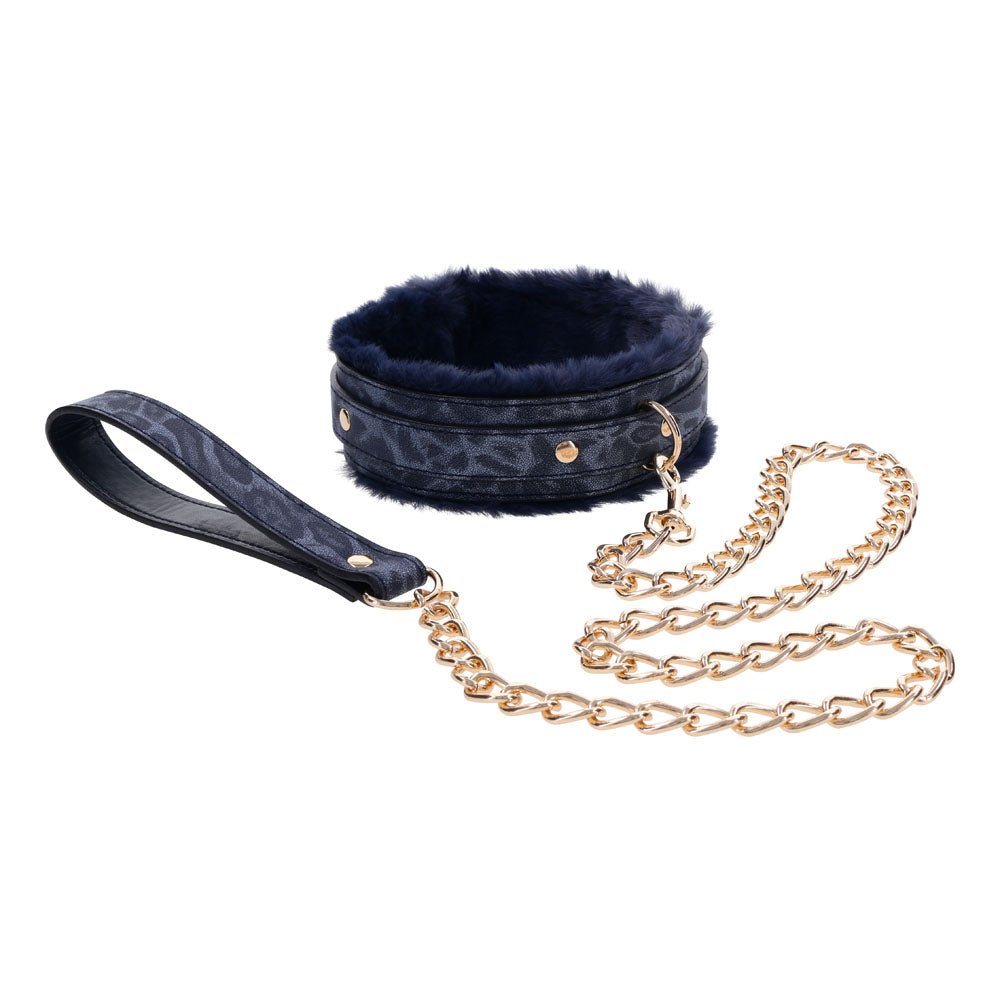 Sex & Mischief Cougar Fur Collar & Leash - Navy Blue/Gold Restraint - BONDAGE - TOYS