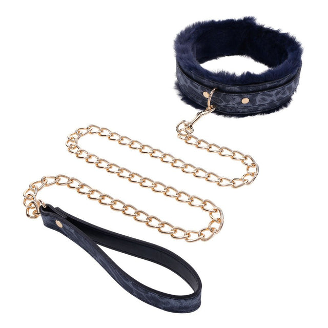 Sex & Mischief Cougar Fur Collar & Leash - Navy Blue/Gold Restraint - BONDAGE - TOYS