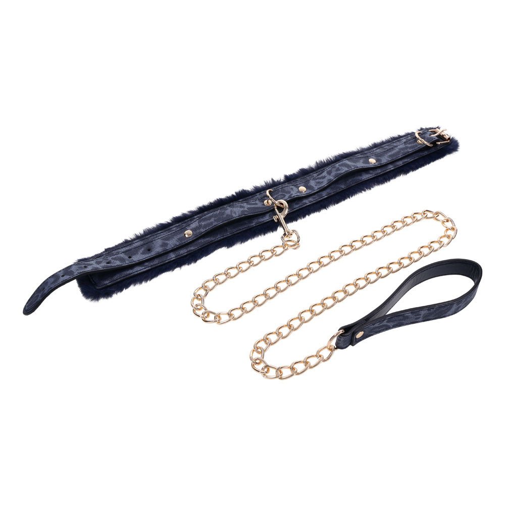 Sex & Mischief Cougar Fur Collar & Leash - Navy Blue/Gold Restraint - BONDAGE - TOYS