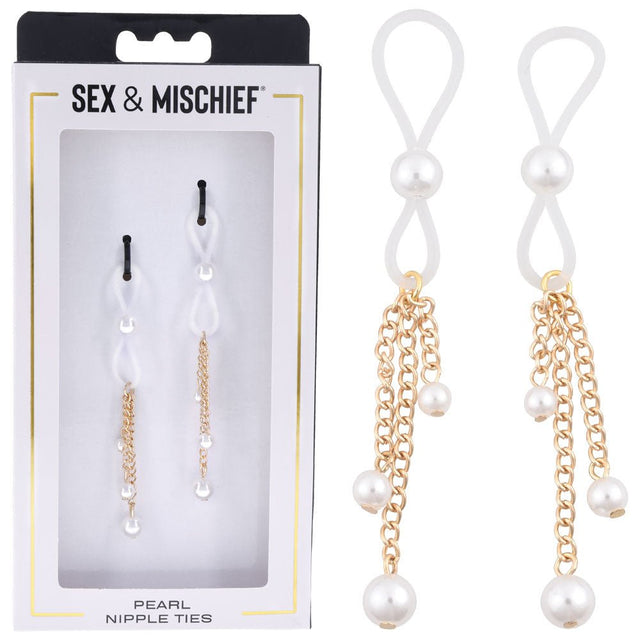 Sex & Mischief Pearl Nipple Ties - Gold/Pearl Nipple Restraints - Set of 2 - BONDAGE - TOYS