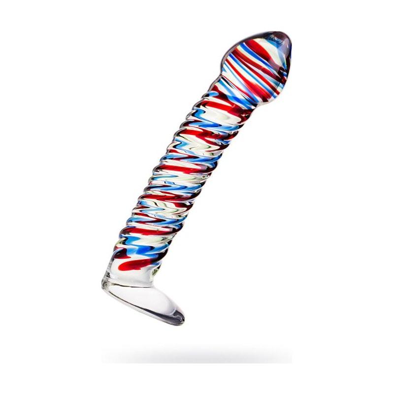 Sexus Glass Dildo Stripes w Base Blue/Red 16cm - Adult Toys