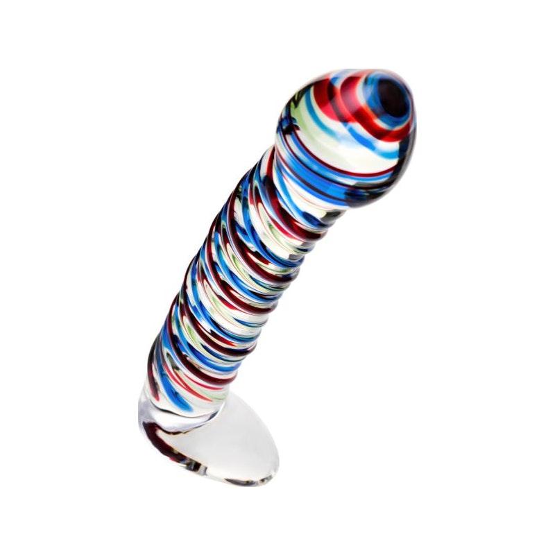 Sexus Glass Dildo Stripes w Base Blue/Red 16cm - Adult Toys