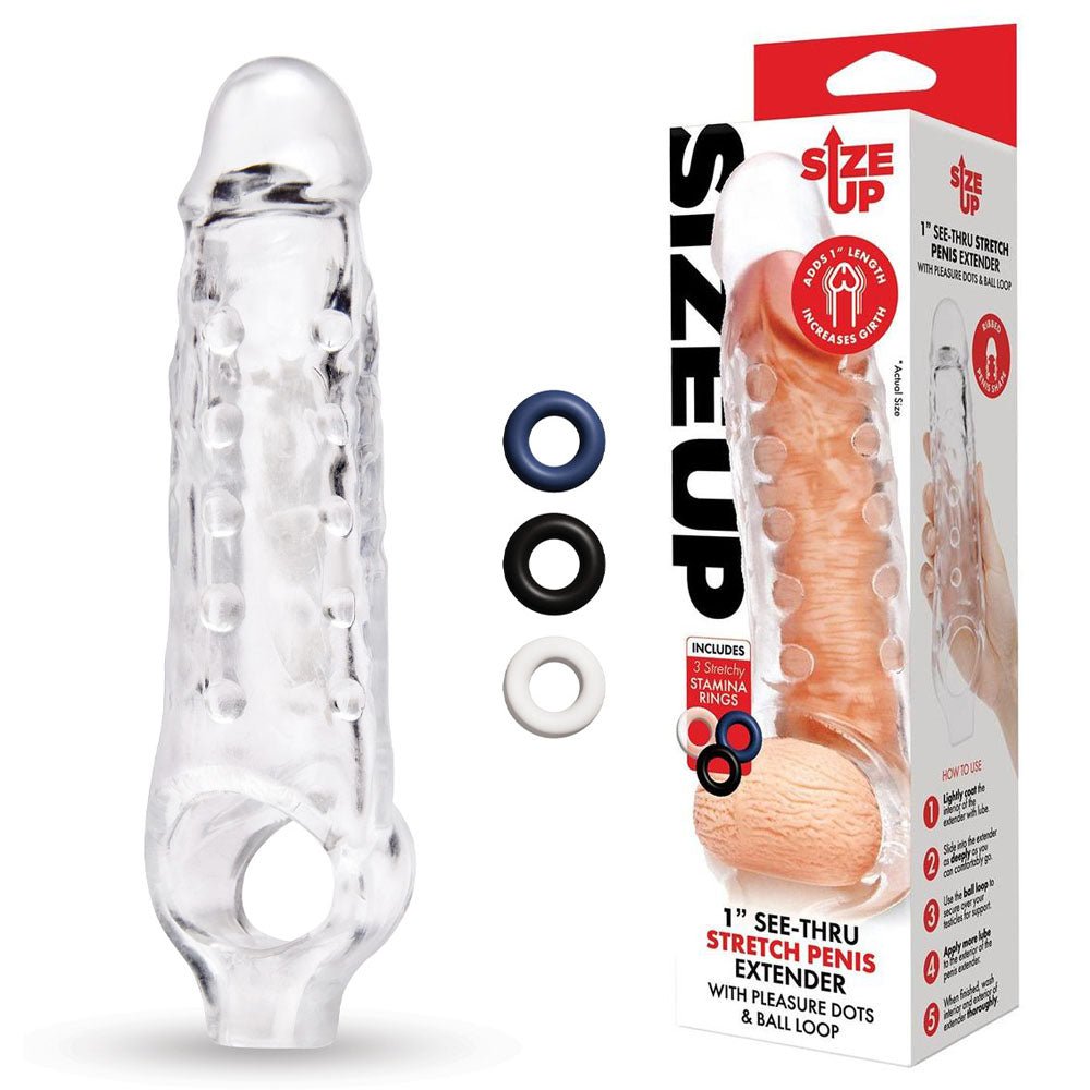 Size Up 1 Inch See - Thru Stretch Penis Extender - Clear 2.5 cm (1'') Penis Extension Sleeve - SLEEVES