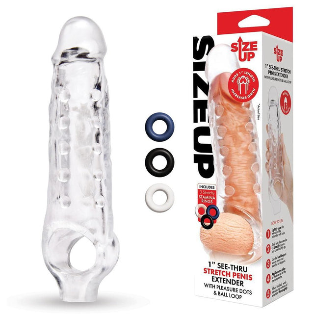 Size Up 1 Inch See - Thru Stretch Penis Extender - Clear 2.5 cm (1'') Penis Extension Sleeve - SLEEVES