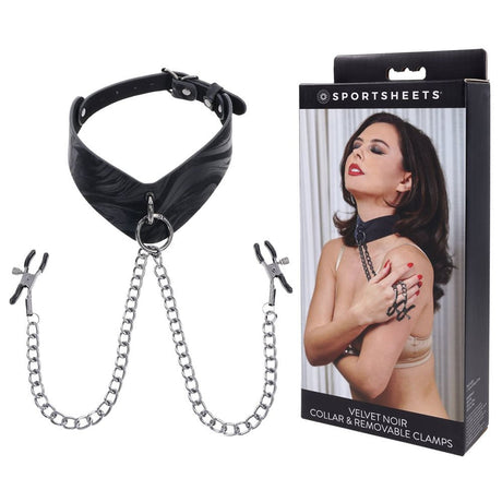 SPORTSHEETS Velvet Noir Collar & Removable Clamps - BONDAGE - TOYS