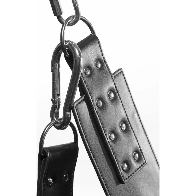 Strict Extreme Leather Bondage Sling with Stirrups and Pillow | Black - Adult Toys