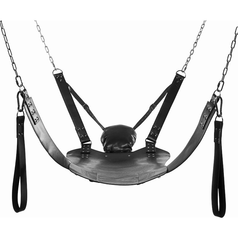 Strict Extreme Leather Bondage Sling with Stirrups and Pillow | Black - Adult Toys