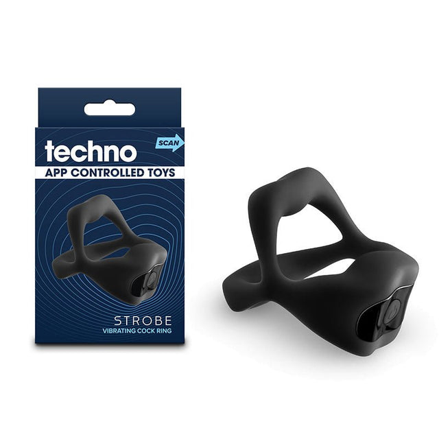 Techno - Strobe - Black - Black USB Rechargeable Vibrating Cock Ring with App Control - COCK RINGS