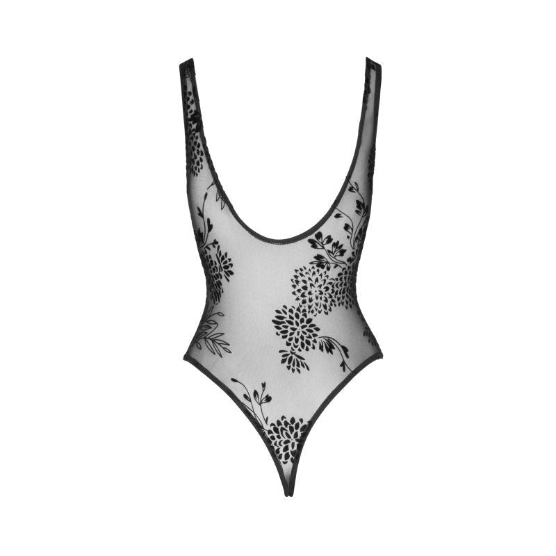 Tulle Bodysuit w Patterned Flock Embroidery - Lingerie
