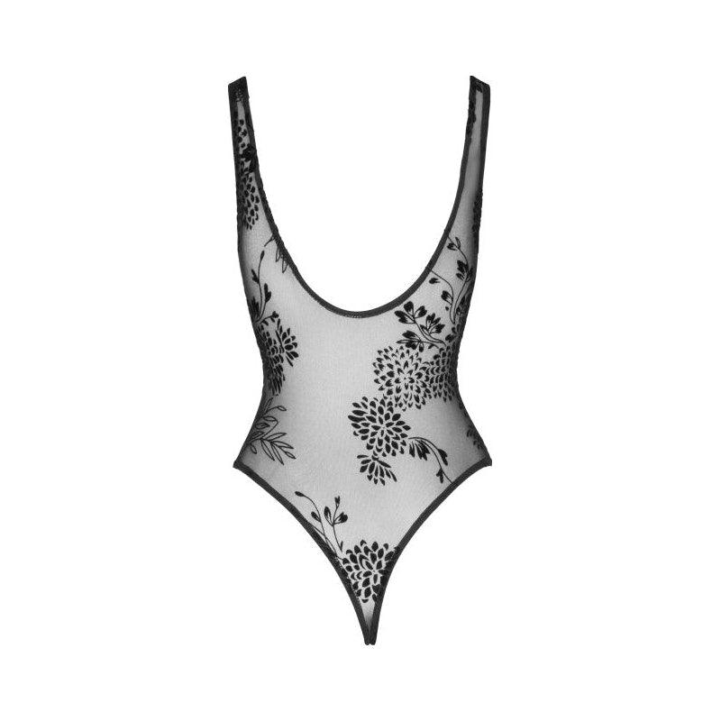 Tulle Bodysuit w Patterned Flock Embroidery - Lingerie