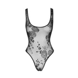 Tulle Bodysuit w Patterned Flock Embroidery - Lingerie