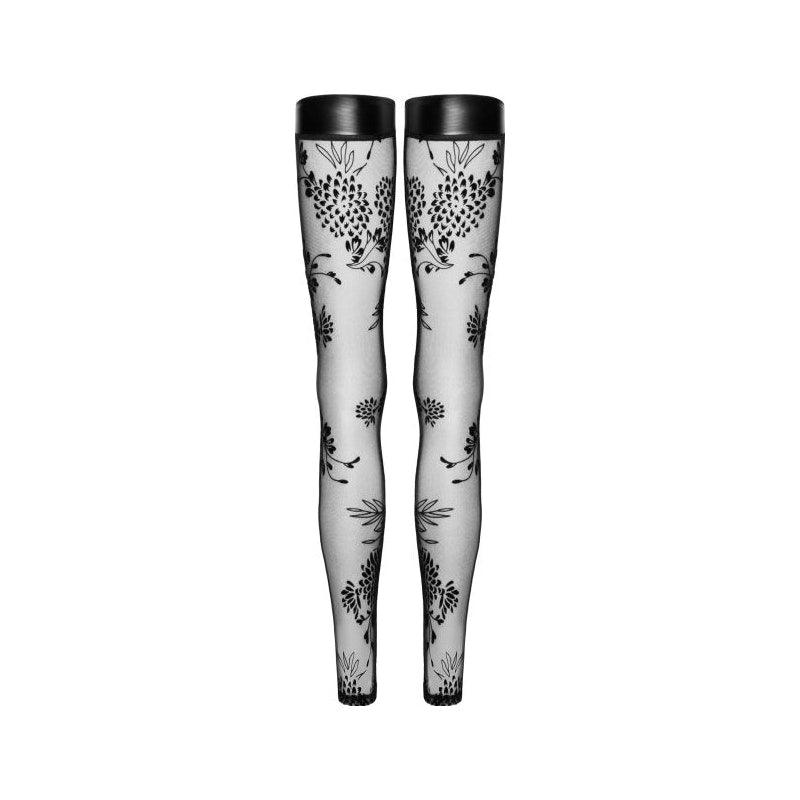 Tulle Stockings w Patterned Flock Embroidery & Power Wetlook Band - Naughty by Nature Adult Store