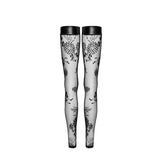 Tulle Stockings w Patterned Flock Embroidery & Power Wetlook Band - Lingerie