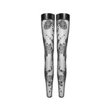 Tulle Stockings w Patterned Flock Embroidery & Power Wetlook Band - Lingerie