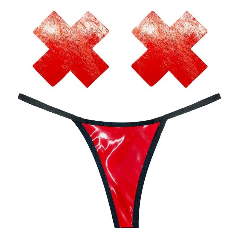Vixen Red Wet Vinyl Pastie and G - String Set - Adult Toys
