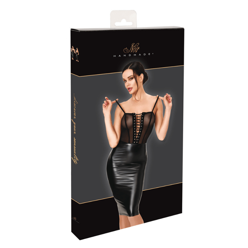 Wet Look Sheer Lace Up Dress Black - Lingerie