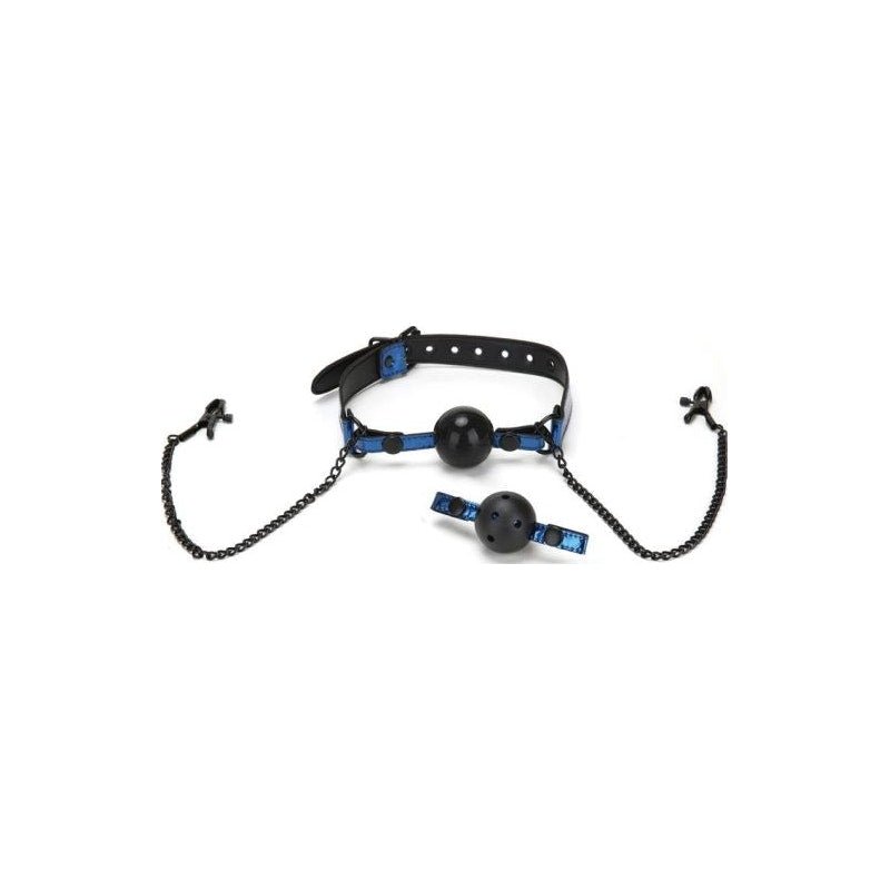 Whip Smart Diamond Ball Gag w Nipple Clips Blue - Adult Toys