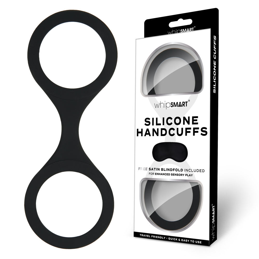 WhipSmart Silicone Handcuffs - Black - Black Restraint with Bonus Blindfold - BONDAGE - TOYS