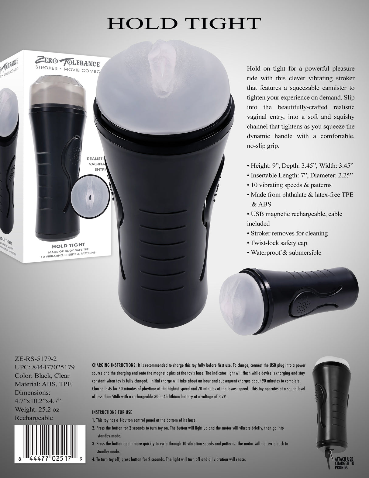 Zero Tolerance HOLD TIGHT - Clear USB Rechargeable Vibrating Vagina Stroker - MASTURBATORS