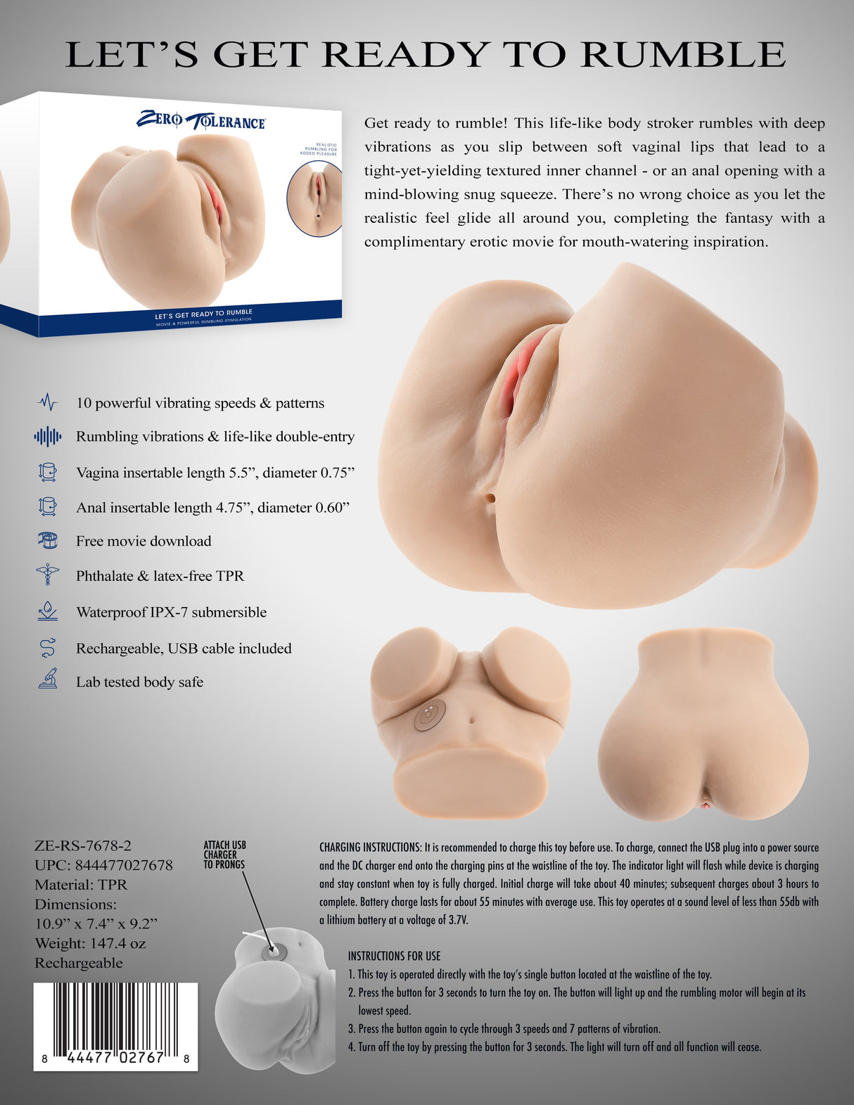 Zero Tolerance Rumble Ready Flesh Vibrating Doggy Style Torso - MASTURBATORS