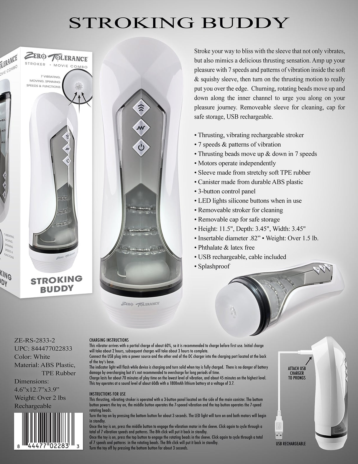 Zero Tolerance STROKING BUDDY - White USB Rechargeable Vibrating & Thrusting Stroker - MASTURBATORS
