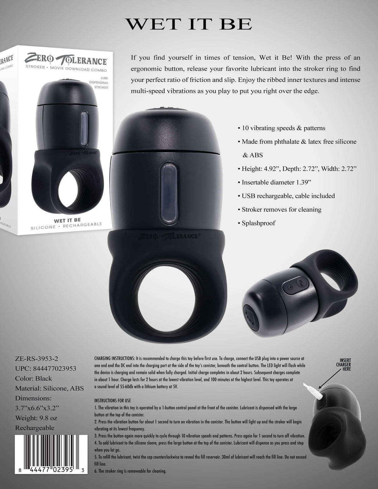 Zero Tolerance WET IT BE - Black USB Rechargeable Vibrating and Self Lubricating Stroker - MASTURBATORS