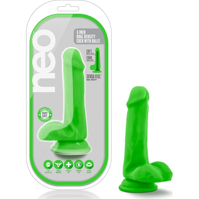 Neo Dual Density Cock With Balls 6in Neon Green - Naughty by Nature Adult Store