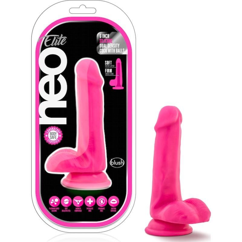 Neo Elite 6in Silicone Dual Density Cock with Balls Neon Pink - Naughty by Nature Adult Store