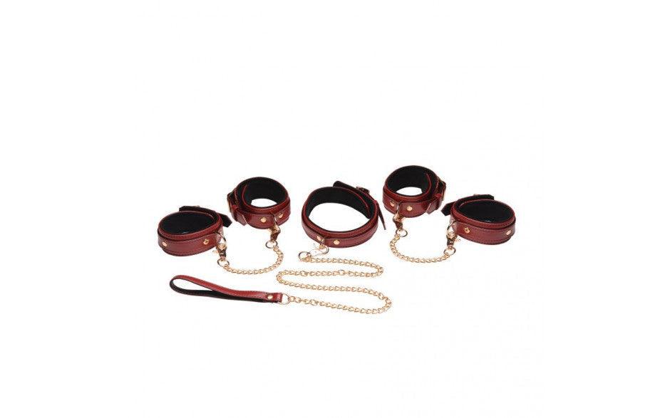 6 Pc PU Leather Bondage Set Burgundy - Adult Toys