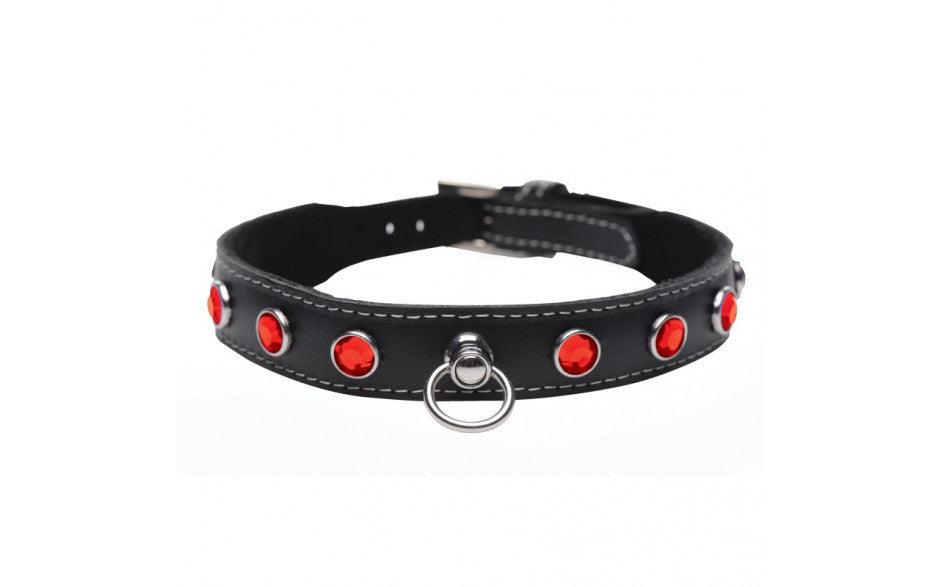 Bling Vixen Leather Choker w Red Rhinestones - Adult Toys