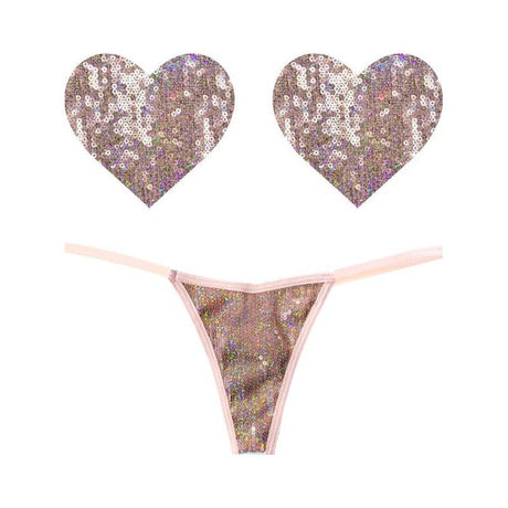 Bubbly Feels Nude Sequin Pantie and Heart Pastie Set - Adult Toys