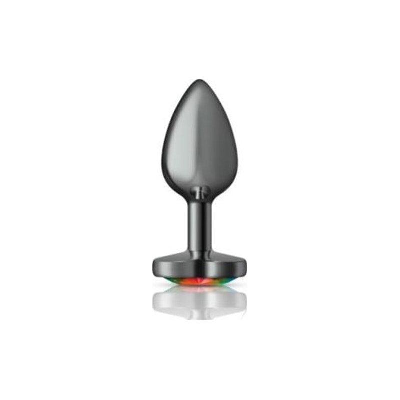Cheeky Charms Gunmetal Butt Plug w Heart Rainbow Jewel Small - Adult Toys
