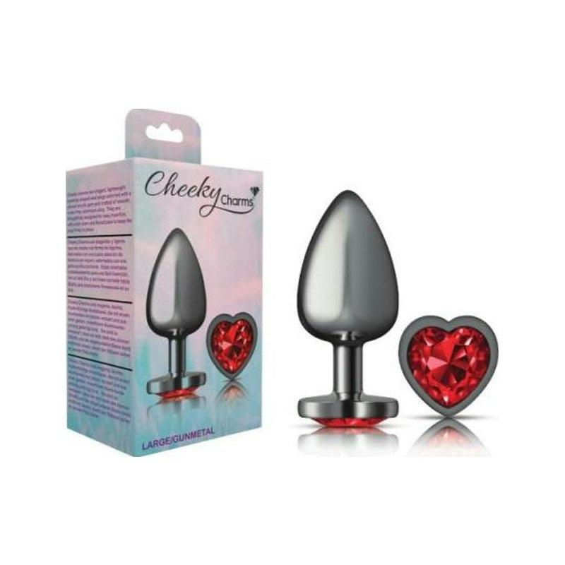 Cheeky Charms Gunmetal Butt Plug w Heart Red Jewel Large - Naughty by Nature Adult Store