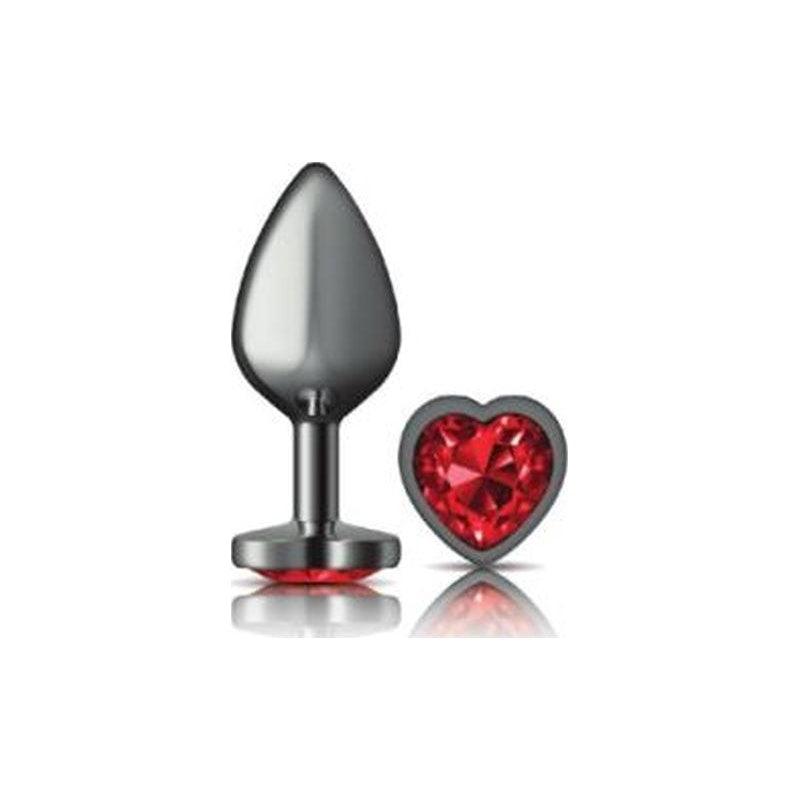 Cheeky Charms Gunmetal Butt Plug w Heart Red Jewel Medium - Adult Toys