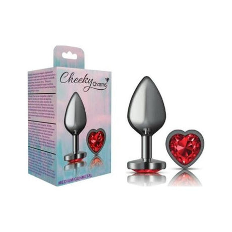 Cheeky Charms Gunmetal Butt Plug w Heart Red Jewel Medium - Naughty by Nature Adult Store