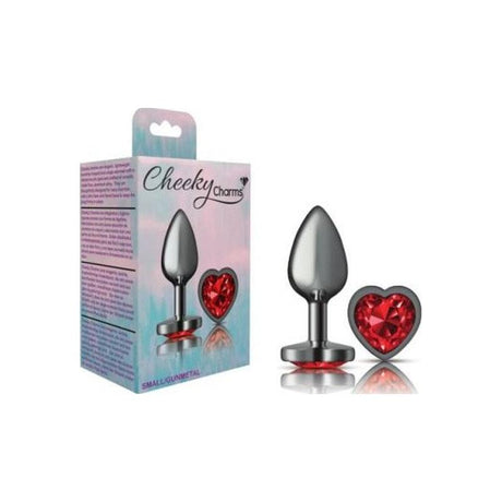 Cheeky Charms Gunmetal Butt Plug w Heart Red Jewel Small - Naughty by Nature Adult Store