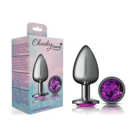 Cheeky Charms Gunmetal Round Butt Plug w Purple Jewel Large - Naughty by Nature Adult Store