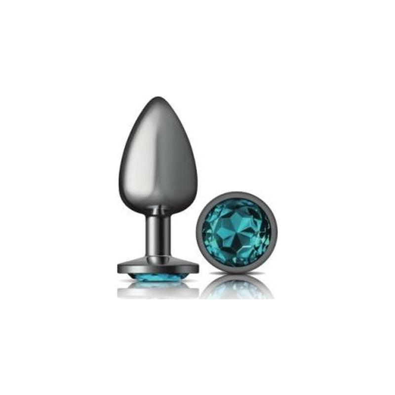 Cheeky Charms Gunmetal Round Butt Plug w Teal Jewel Large - Naughty by Nature Adult Store