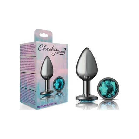 Cheeky Charms Gunmetal Round Butt Plug w Teal Jewel Medium - Adult Toys