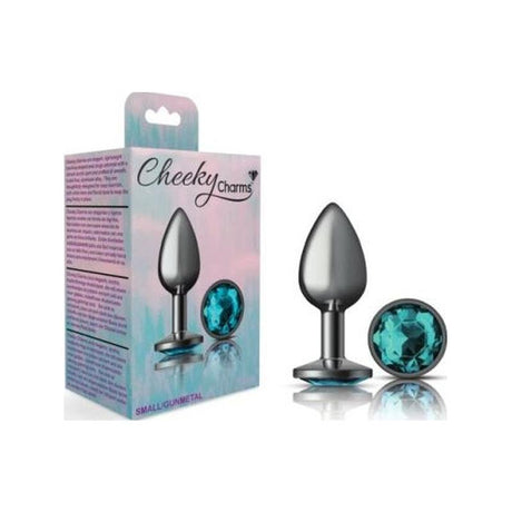 Cheeky Charms Gunmetal Round Butt Plug w Teal Jewel Small - Naughty by Nature Adult Store