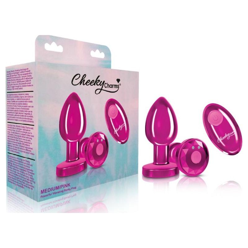 Cheeky Charms Pink Rechargeable Vibrating Metal Butt Plug w Remote Medium - Adult Toys