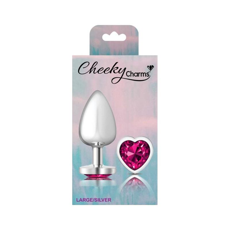 Cheeky Charms Silver Metal Butt Plug w Heart Pink Jewel Large - Adult Toys