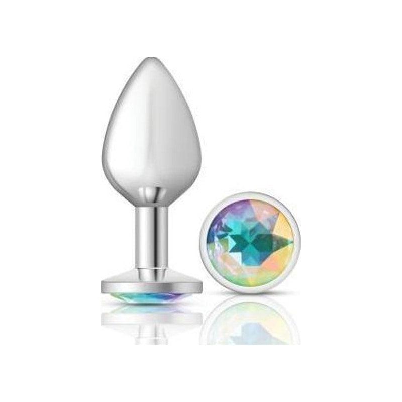 Cheeky Charms Silver Round Butt Plug w Clear Iridescent Jewel Large - Adult Toys
