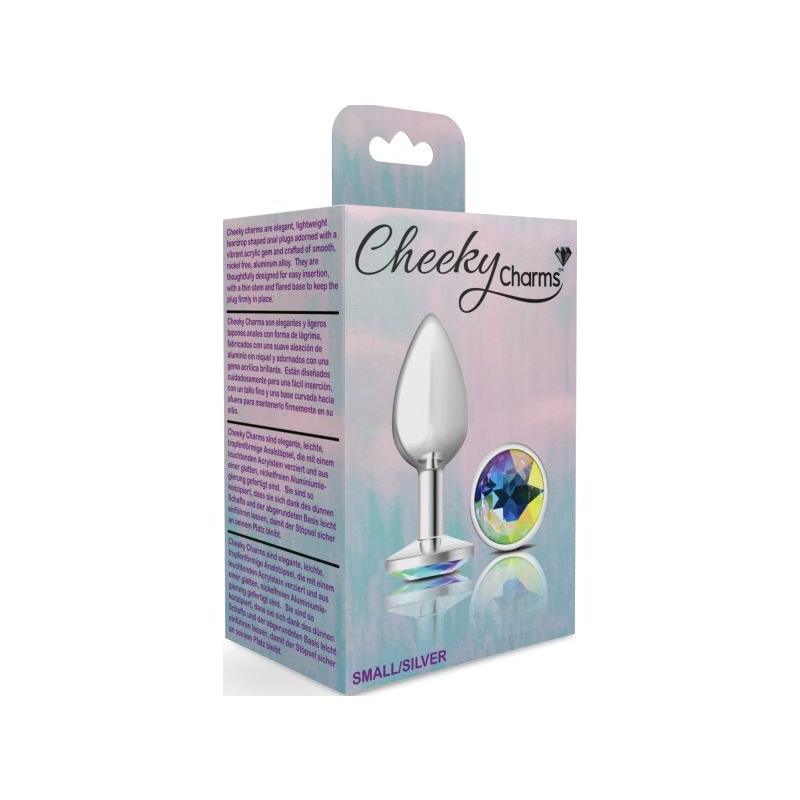 Cheeky Charms Silver Round Butt Plug w Clear Iridescent Jewel Small - Naughty by Nature Adult Store